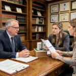 Notaire expliquant un contrat d'investissement locatif à un couple dans un bureau juridique