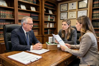 Notaire expliquant un contrat d'investissement locatif à un couple dans un bureau juridique