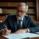 Notaire en costume marine examinant un pré état daté vierge Word dans un bureau traditionnel