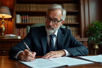 Notaire en costume marine examinant un pré état daté vierge Word dans un bureau traditionnel