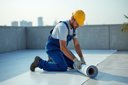 Ouvrier de construction appliquant une membrane sur un toit moderne