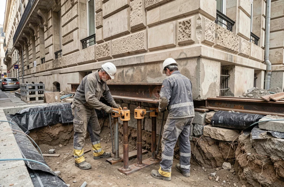 Ouvriers posant des micropieux et vérins hydrauliques lors d'une reprise en sous-œuvre de fondations anciennes en milieu urbain