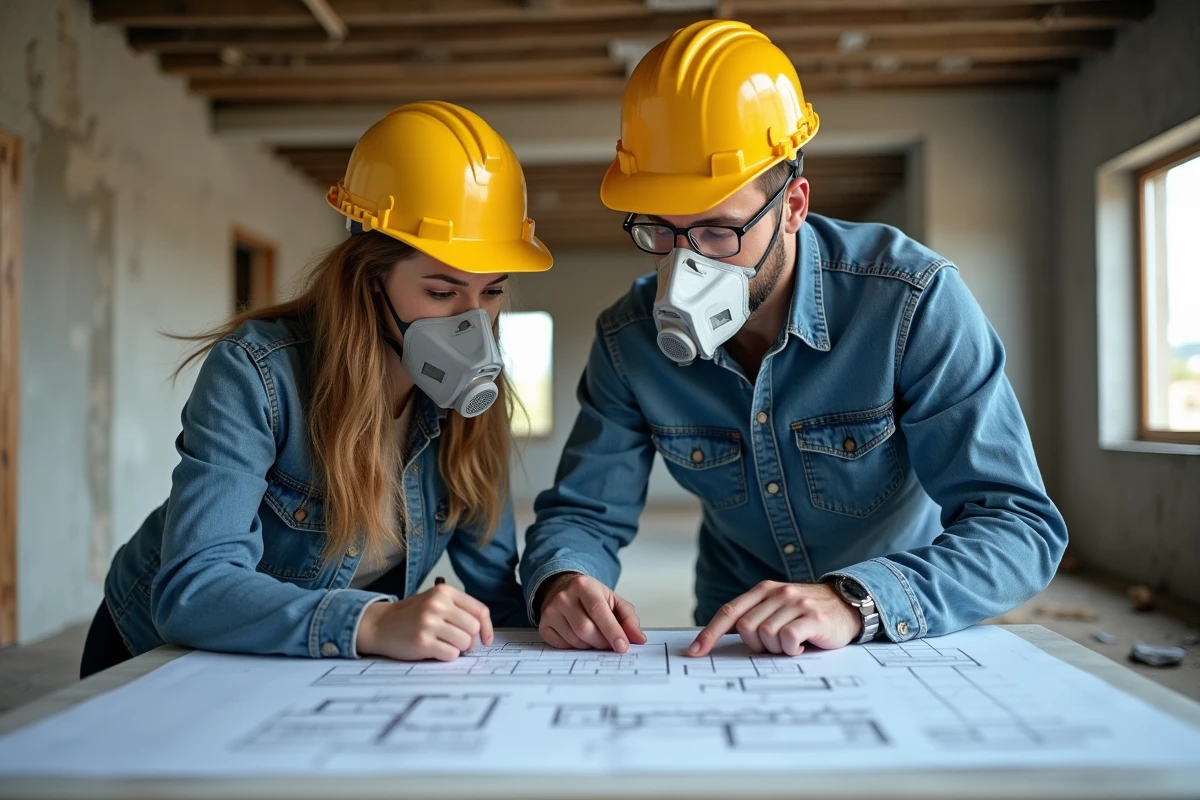 Deux ouvriers de chantier parisien consultant des plans architecturaux sur une table de travail dans un bâtiment en rénovation intérieure
