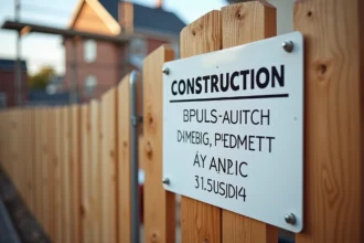 Panneau de déclaration préalable de travaux affiché sur une clôture de chantier résidentiel avec mentions légales obligatoires