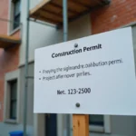 Panneau de permis de construire affiché sur un chantier résidentiel avec échafaudages et facade en rénovation