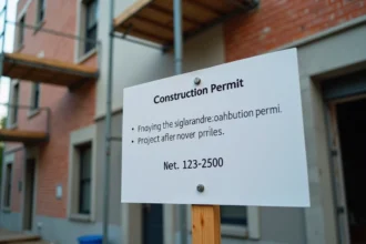 Panneau de permis de construire affiché sur un chantier résidentiel avec échafaudages et facade en rénovation