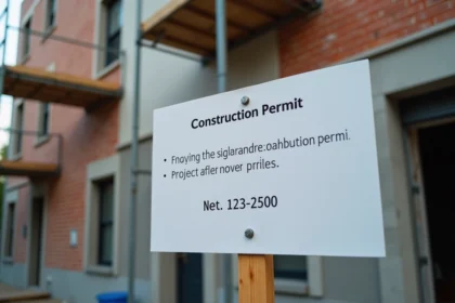 Panneau de permis de construire affiché sur un chantier résidentiel avec échafaudages et facade en rénovation