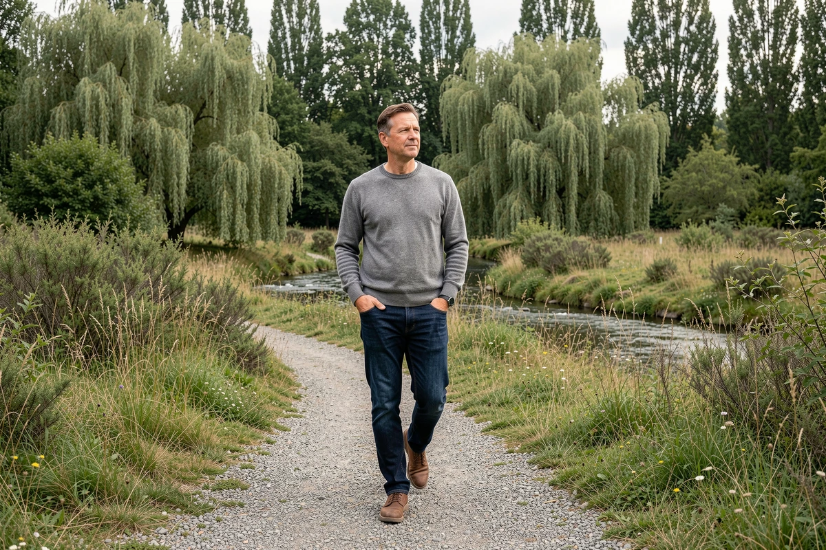 Homme se promenant sur un chemin de gravier dans le Parc de la Seille à Metz, entouré de prairies sauvages, saules et ruisseau naturel