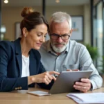 Deux copropriétaires consultant un accès numérique sur tablette dans un bureau de copropriété