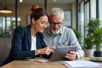 Deux copropriétaires consultant un accès numérique sur tablette dans un bureau de copropriété