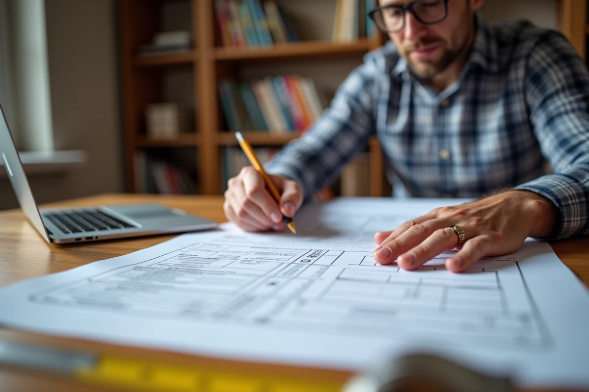 Homme consultant et personnalisant un modèle de panneau déclaration travaux imprimé posé sur un bureau