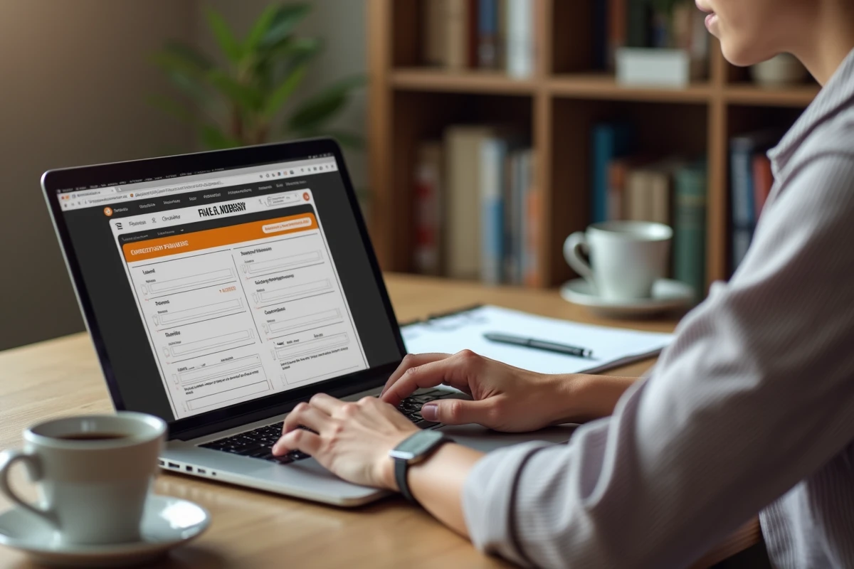 Personne personnalisant un panneau de permis de construire en ligne sur un ordinateur portable dans un bureau à domicile