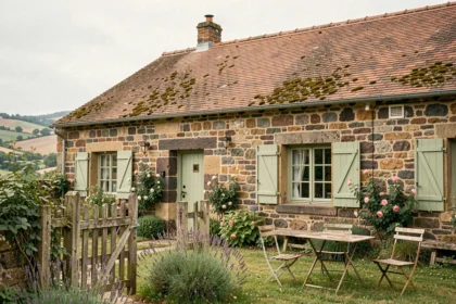 Petite maison en pierre avec jardin privatif à louer dans le Puy-de-Dôme, façade traditionnelle auvergnate avec volets verts et portail en bois