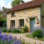 Petite maison en pierre avec jardin fleuri à louer en Saône-et-Loire 71, façade en calcaire avec allée gravillonnée