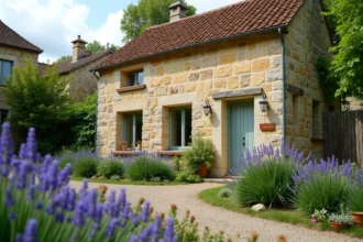 Petite maison en pierre avec jardin fleuri à louer en Saône-et-Loire 71, façade en calcaire avec allée gravillonnée