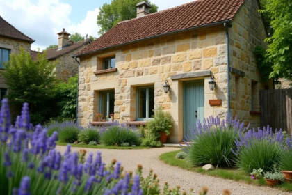 Petite maison en pierre avec jardin fleuri à louer en Saône-et-Loire 71, façade en calcaire avec allée gravillonnée