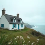 Petite maison normande à vendre avec vue mer sur les falaises de la Manche, ardoise grise et volets bleus traditionnels