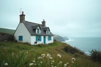 Petite maison normande à vendre avec vue mer sur les falaises de la Manche, ardoise grise et volets bleus traditionnels