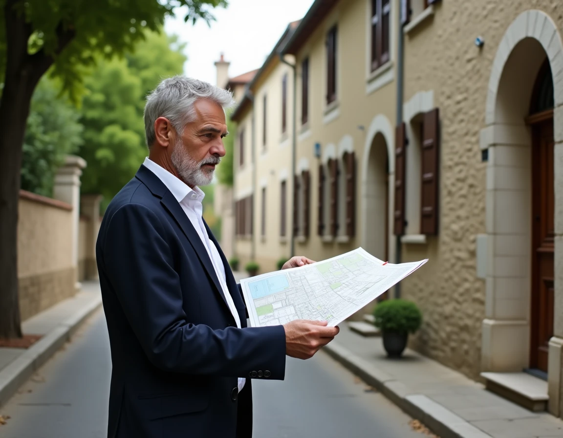 Homme comparant un plan cadastral imprimé devant une maison en pierre française pour identifier le propriétaire du bien immobilier