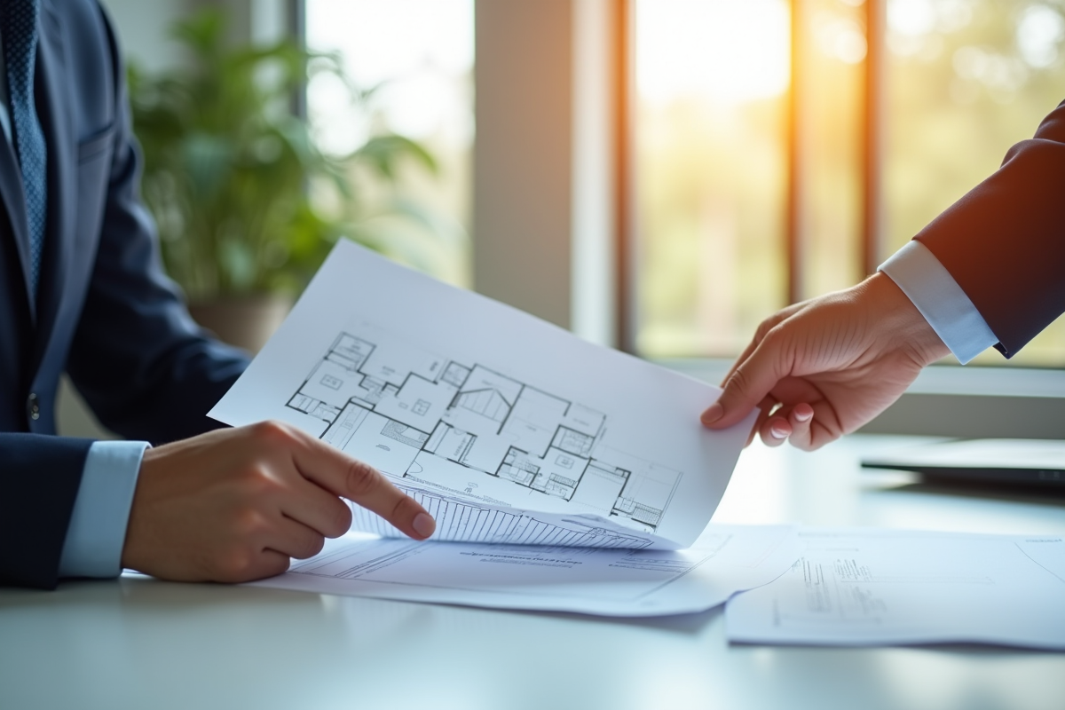 Personne examinant des documents immobiliers dans un bureau lumineux