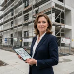 Professionnelle immobilière devant un immeuble neuf en construction en région parisienne tenant des plans sur tablette