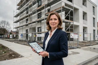 Professionnelle immobilière devant un immeuble neuf en construction en région parisienne tenant des plans sur tablette