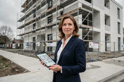 Professionnelle immobilière devant un immeuble neuf en construction en région parisienne tenant des plans sur tablette