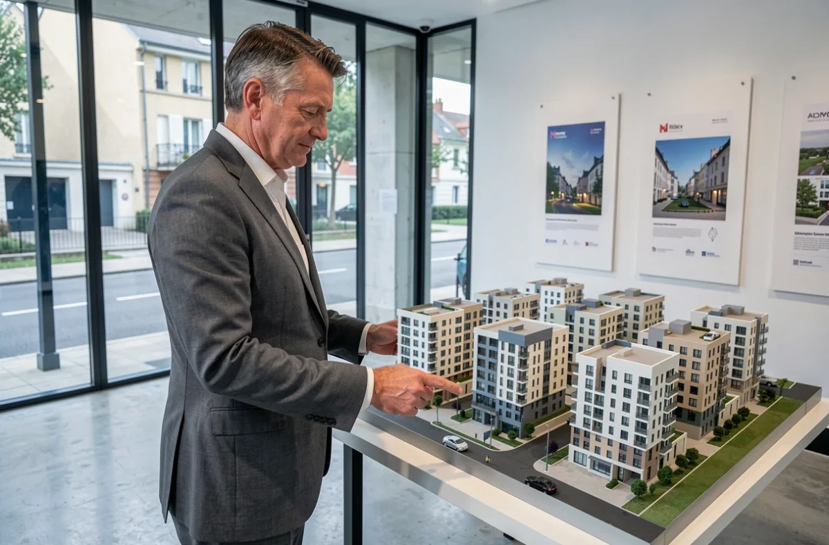 Promoteur immobilier présentant une maquette de résidence neuve en Île-de-France dans un showroom moderne
