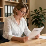Propriétaire bailleurs examinant des documents d'assurance habitation pour maison en location