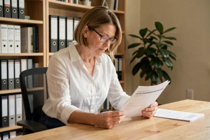 Propriétaire bailleurs examinant des documents d'assurance habitation pour maison en location