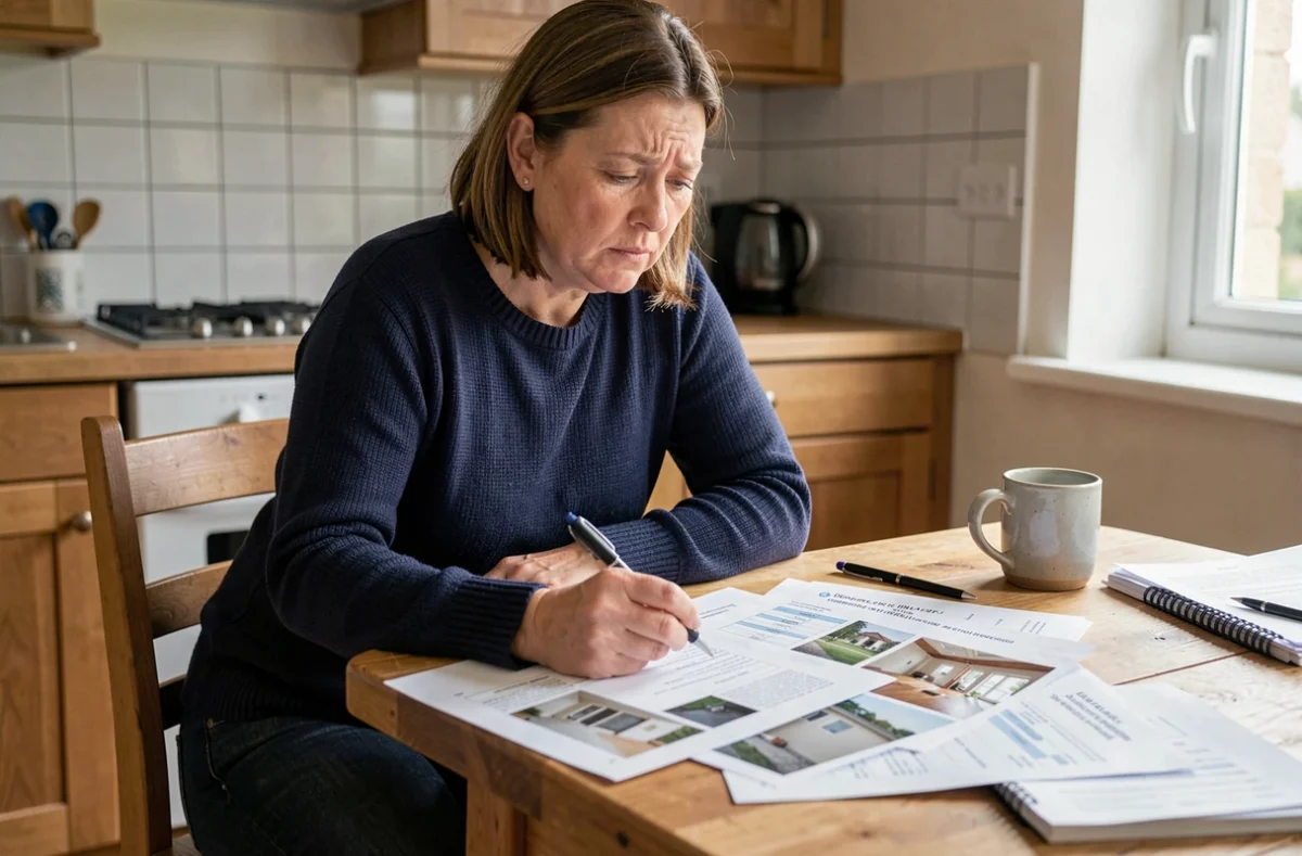 Propriétaire étudiant les documents administratifs de déclaration de fin de chantier dans une cuisine