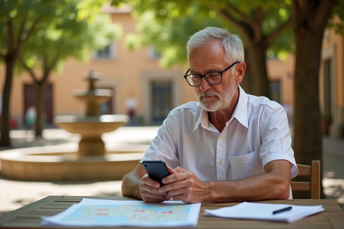 Homme cherchant une location longue durée dans l'Aude sur smartphone attablé dans un village du Languedoc