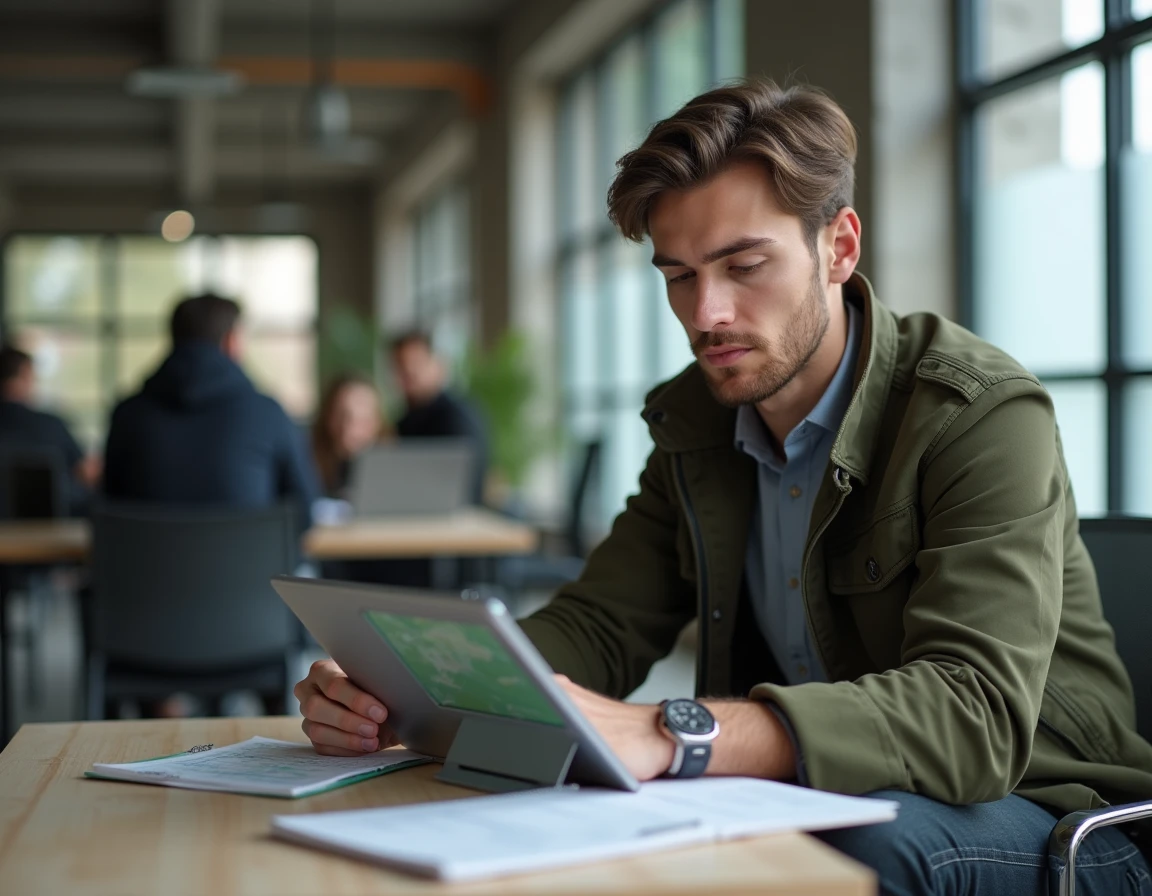 Jeune homme utilisant une tablette pour rechercher le propriétaire d'une parcelle sur le site du cadastre en ligne dans un espace de coworking