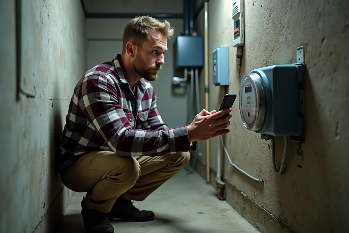 Homme photographiant un compteur électrique EDF lors d'une prise de relevé au moment d'un changement de locataire