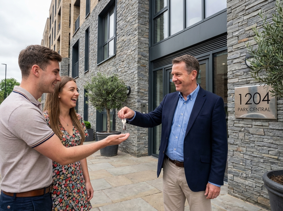 Homme remet des clés à un couple devant un immeuble