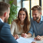 Jeune couple rencontrant un conseiller immobilier dans un bureau lumineux