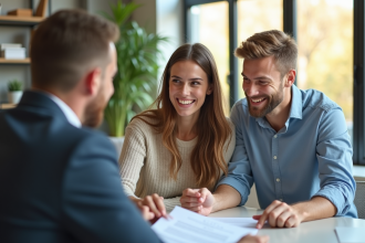 Jeune couple rencontrant un conseiller immobilier dans un bureau lumineux