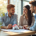 Jeune couple avec agent immobilier dans un bureau lumineux