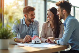 Jeune couple avec agent immobilier dans un bureau lumineux