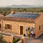Vue large d'une maison en pierre du Gard rénovée avec panneaux solaires et pompe à chaleur, des artisans consultent des plans devant la façade
