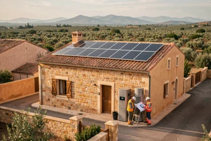 Vue large d'une maison en pierre du Gard rénovée avec panneaux solaires et pompe à chaleur, des artisans consultent des plans devant la façade