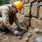 Ouvrier inspectant une fissure dans la fondation en pierre d'une maison ancienne lors d'une reprise en sous-œuvre
