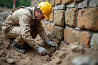 Ouvrier inspectant une fissure dans la fondation en pierre d'une maison ancienne lors d'une reprise en sous-œuvre