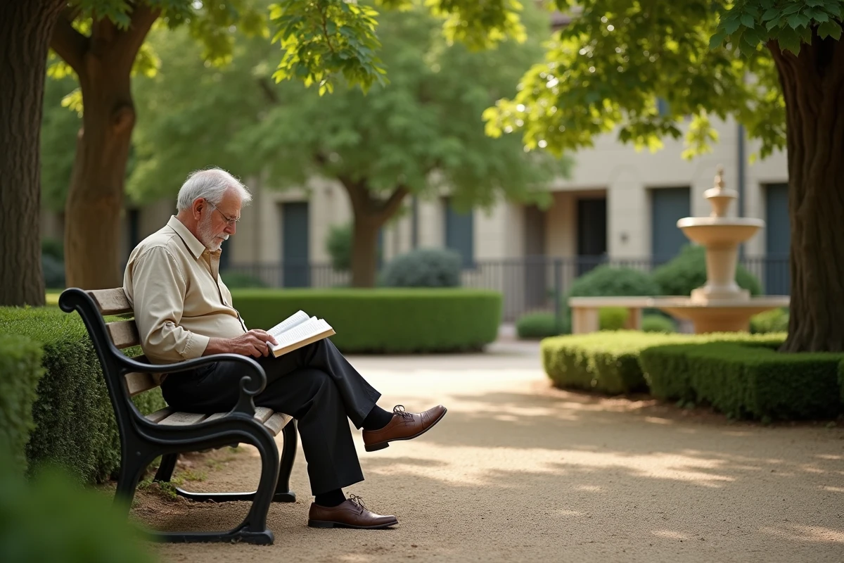 Retraité lisant tranquillement dans un jardin public d'un quartier paisible de la périphérie de Bergerac