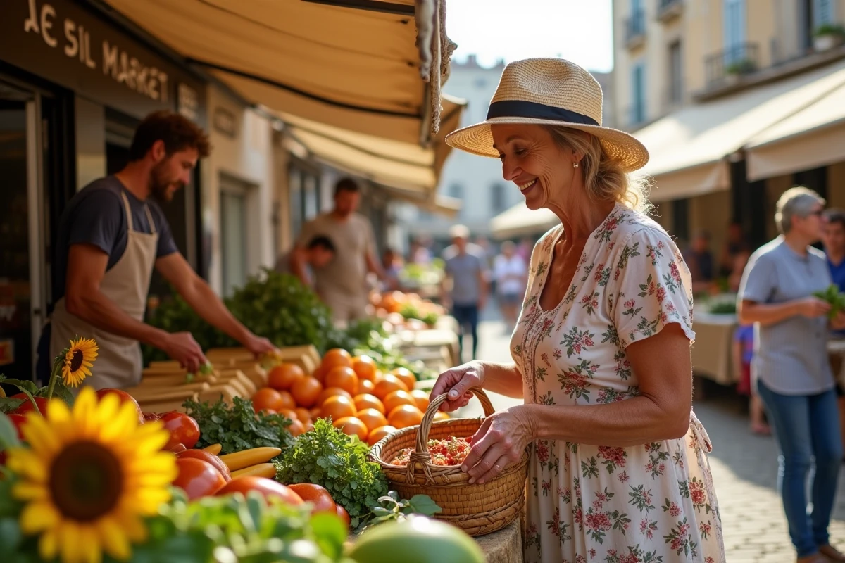 Femme retraitée faisant ses courses au marché de plein air d'un quartier résidentiel de Bergerac