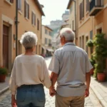 Couple de retraités se promenant dans les ruelles pavées du vieux Bergerac au bord de la Dordogne