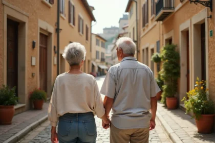 Couple de retraités se promenant dans les ruelles pavées du vieux Bergerac au bord de la Dordogne
