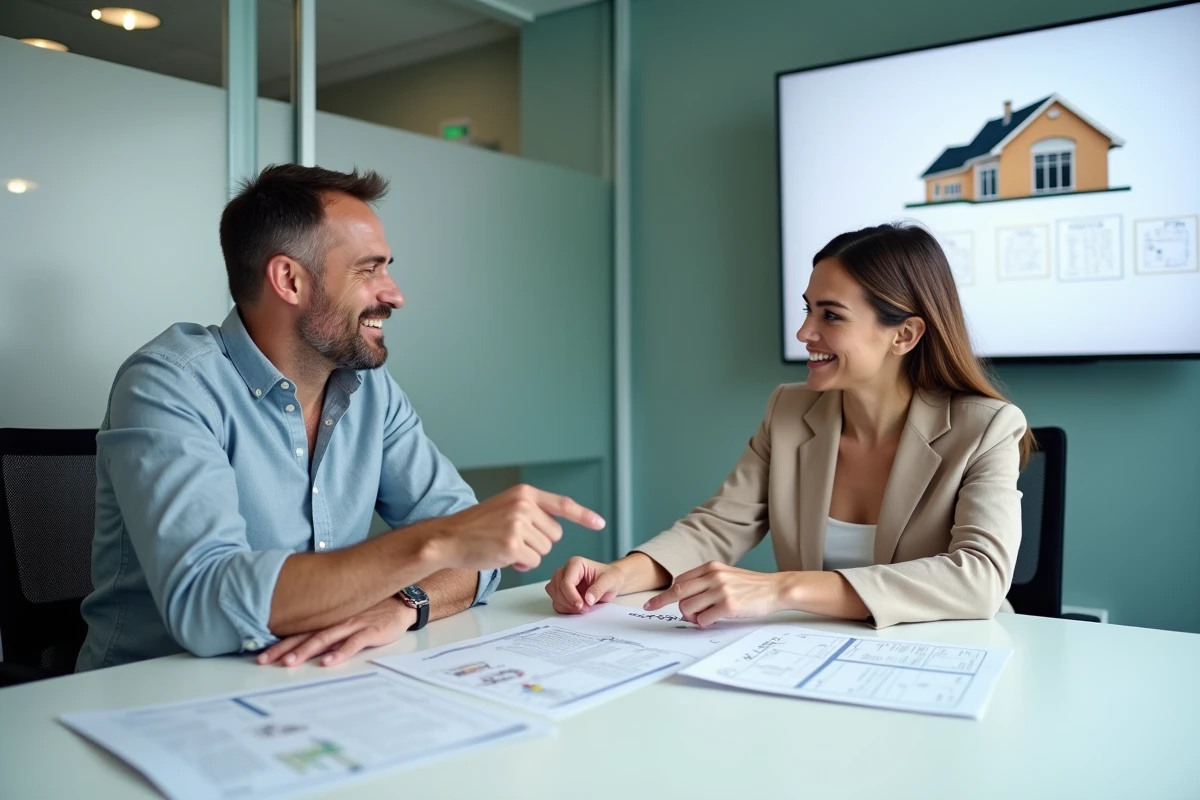 Deux professionnels de l'immobilier discutant d'un pré état daté vierge Word en salle de réunion