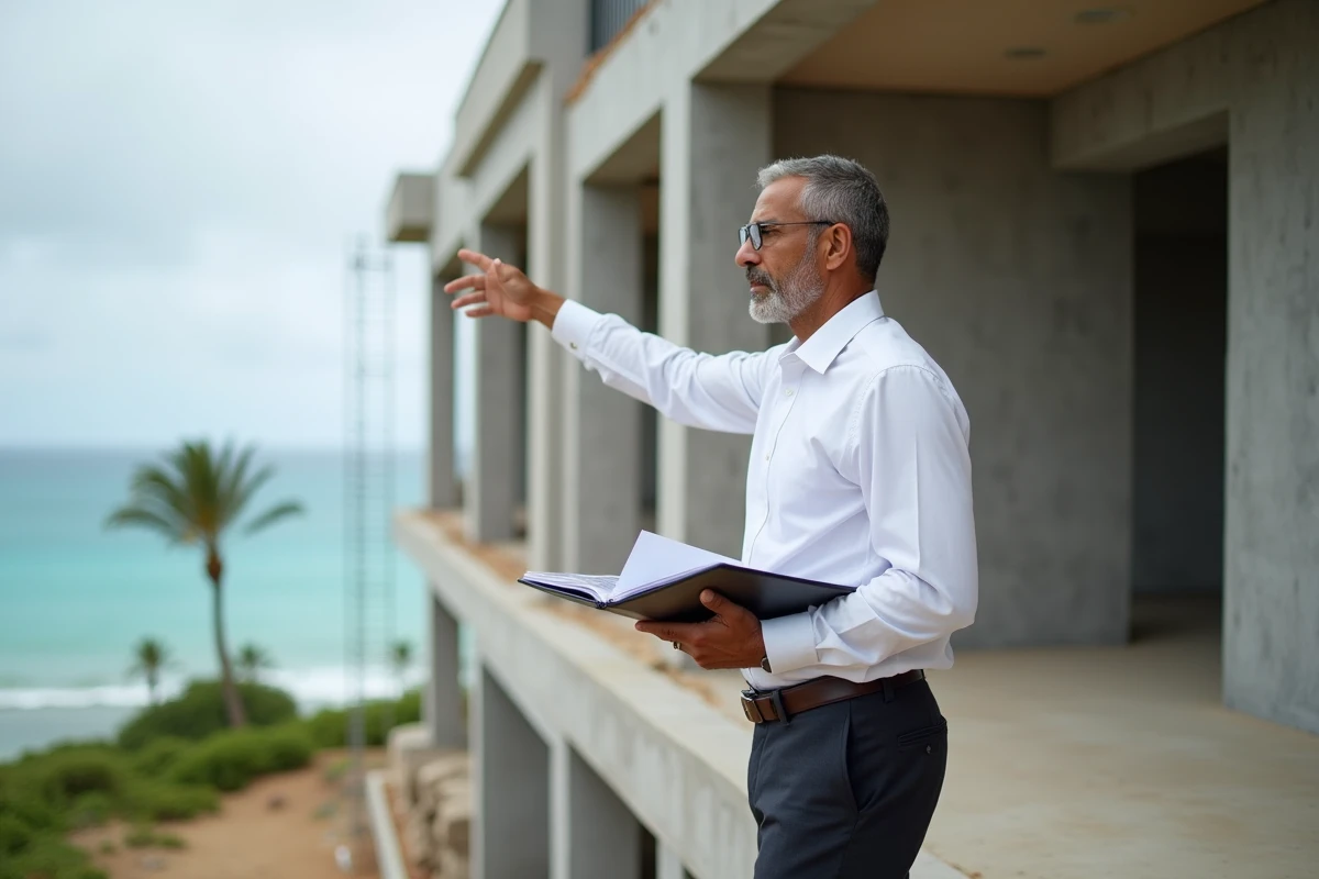 Avocat immobilier conseillant un investisseur sur les risques d'une villa en construction à l'île Maurice