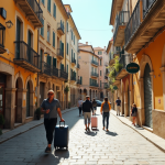 Rue européenne ancienne avec hôtels et boutiques fermés